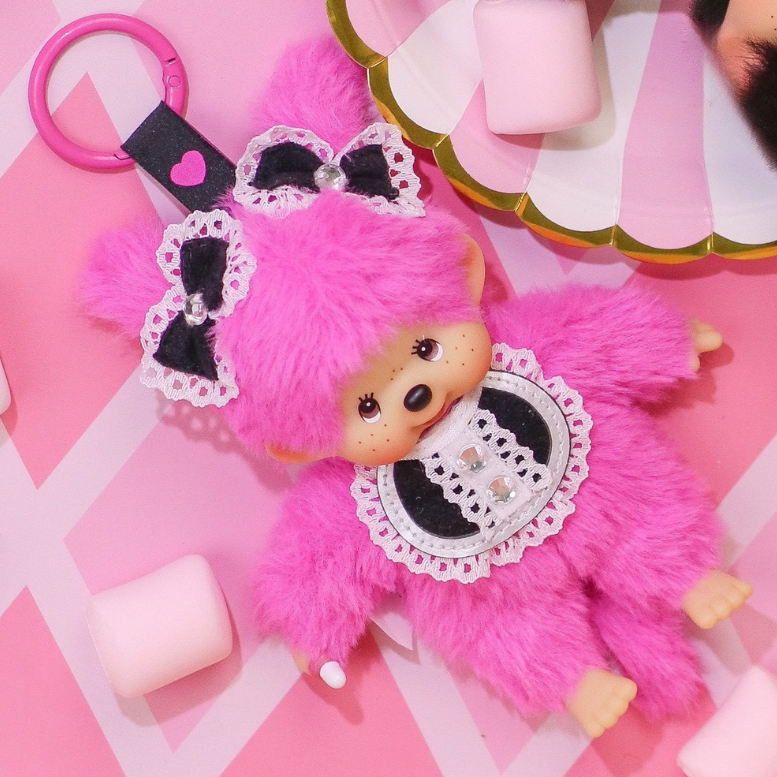 MONCHHICHI CHIMUTAN WITH BIB HOT PINK KEYCHAIN