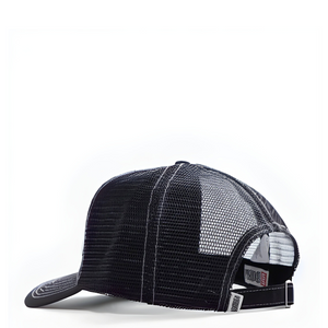 S/DOUBLE MID-BLOCK CURVED PEAK BLACK TRUCKER CAP