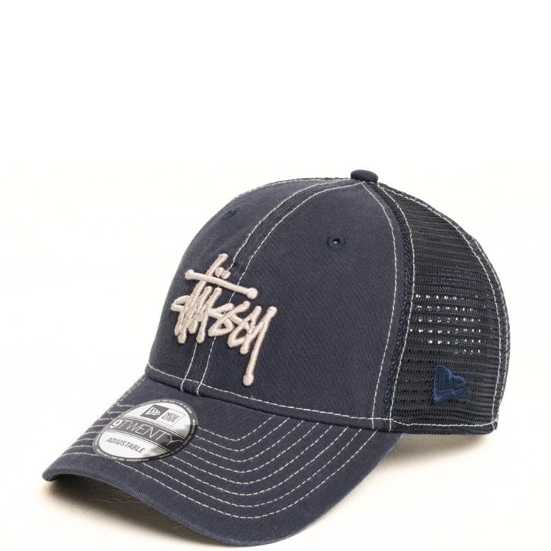 STUSSY NEW ERA 9TWENTY NAVY WASHED BASIC TRUCKER CAP STUSSY NEW ERA 9TWENTY NAVY WASHED BASIC TRUCKER CAP